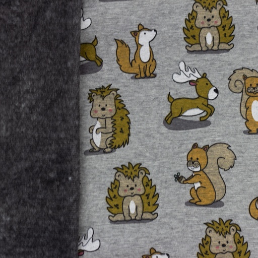 [S1733L] Alpine Fleece Melange Grey Printed Forest Animals