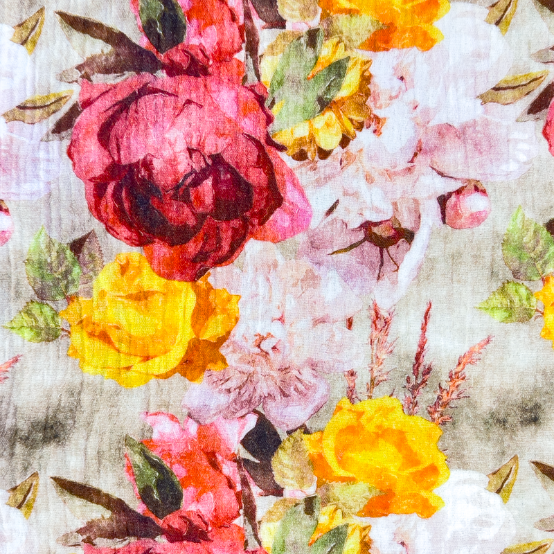[S1792R] Double Gauze Crinkled Digital Printed Flower Garden