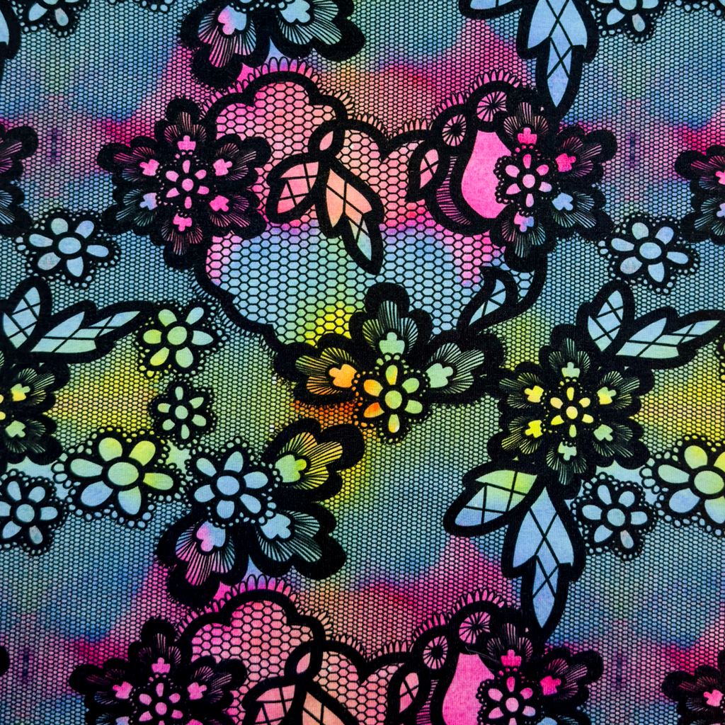 [S1900R] Viskos Lycra Tung Digitaltryckt Spets