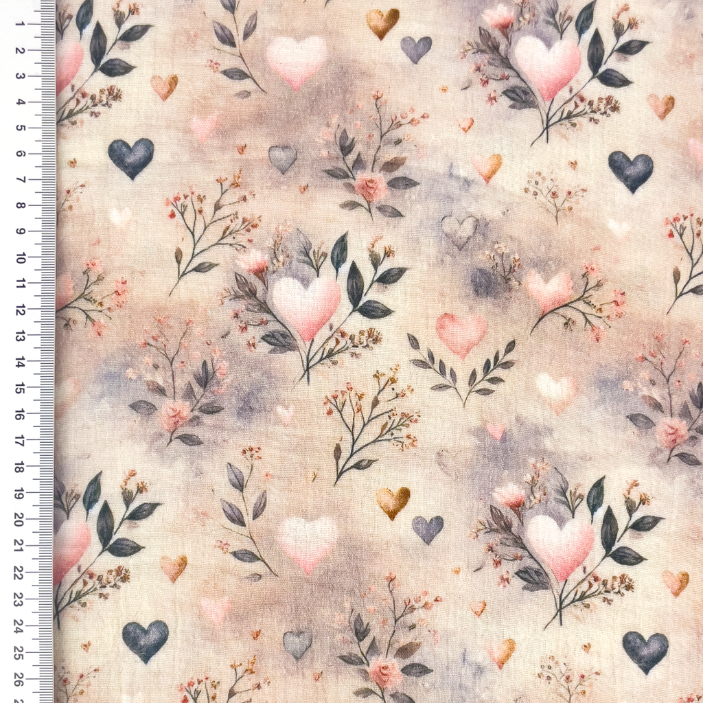 [S2233R] Double Gauze Crinkled Digital Printed Lovely Hearts