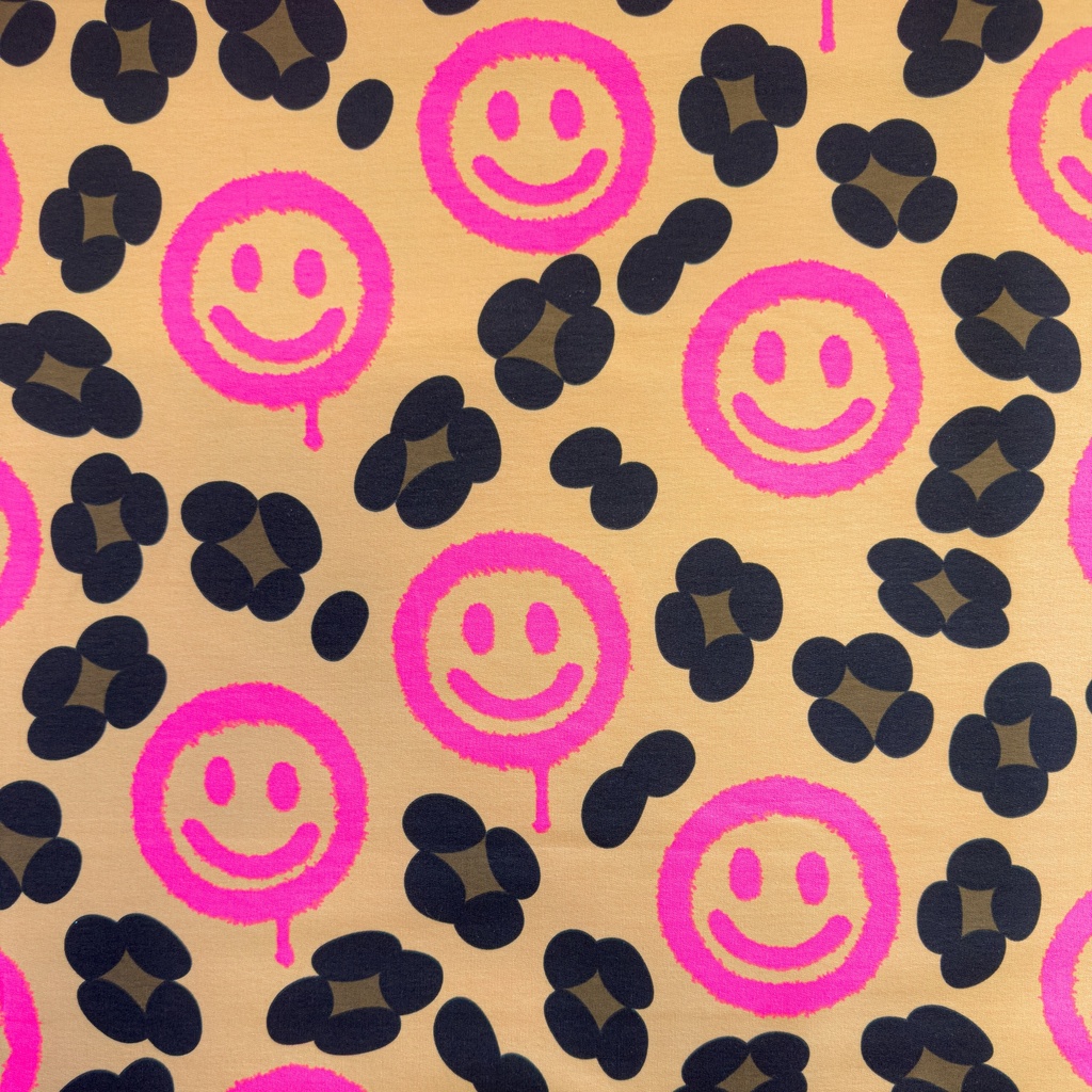 [S2478R] French Terry Printed Leopard With Neon Smiley's
