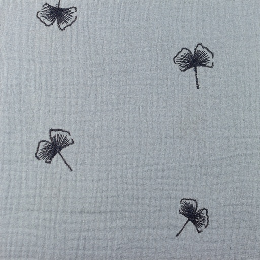 [S1131R] Double Gauze Crinkled Ginkgo Tone In Tone Embroidery Snoozy Fabrics