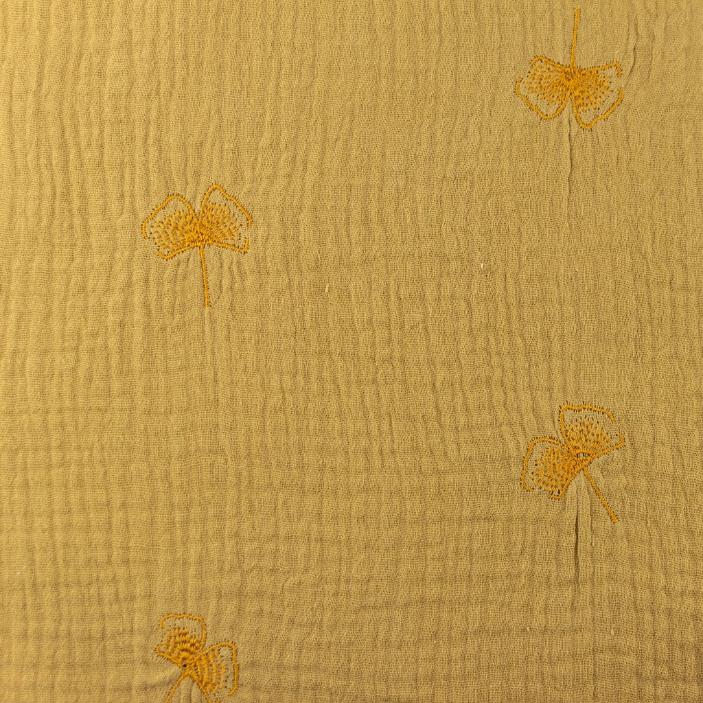 [S1131L] Double Gauze Crinkled Ginkgo Tone In Tone Embroidery Snoozy Fabrics