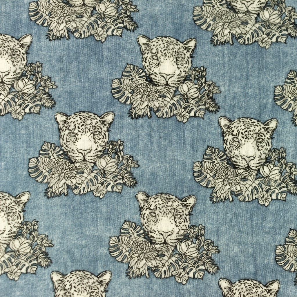 [S1171R] Doppio Garza Increspato Stampato Jeans Melange Leopardo
