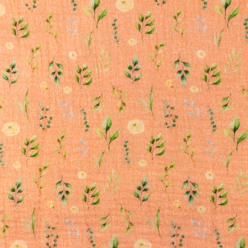 [S1464R] Double Gauze Crinkled Digital Printed Leaves and Flowers Peach Snoozy Fabrics