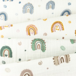 [S1174R] Double Gauze Crinkled Printed Rainbow Love