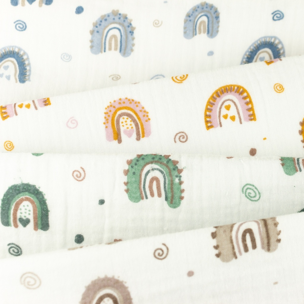 [S1174L] Double Gauze Crinkled Printed Rainbow Love