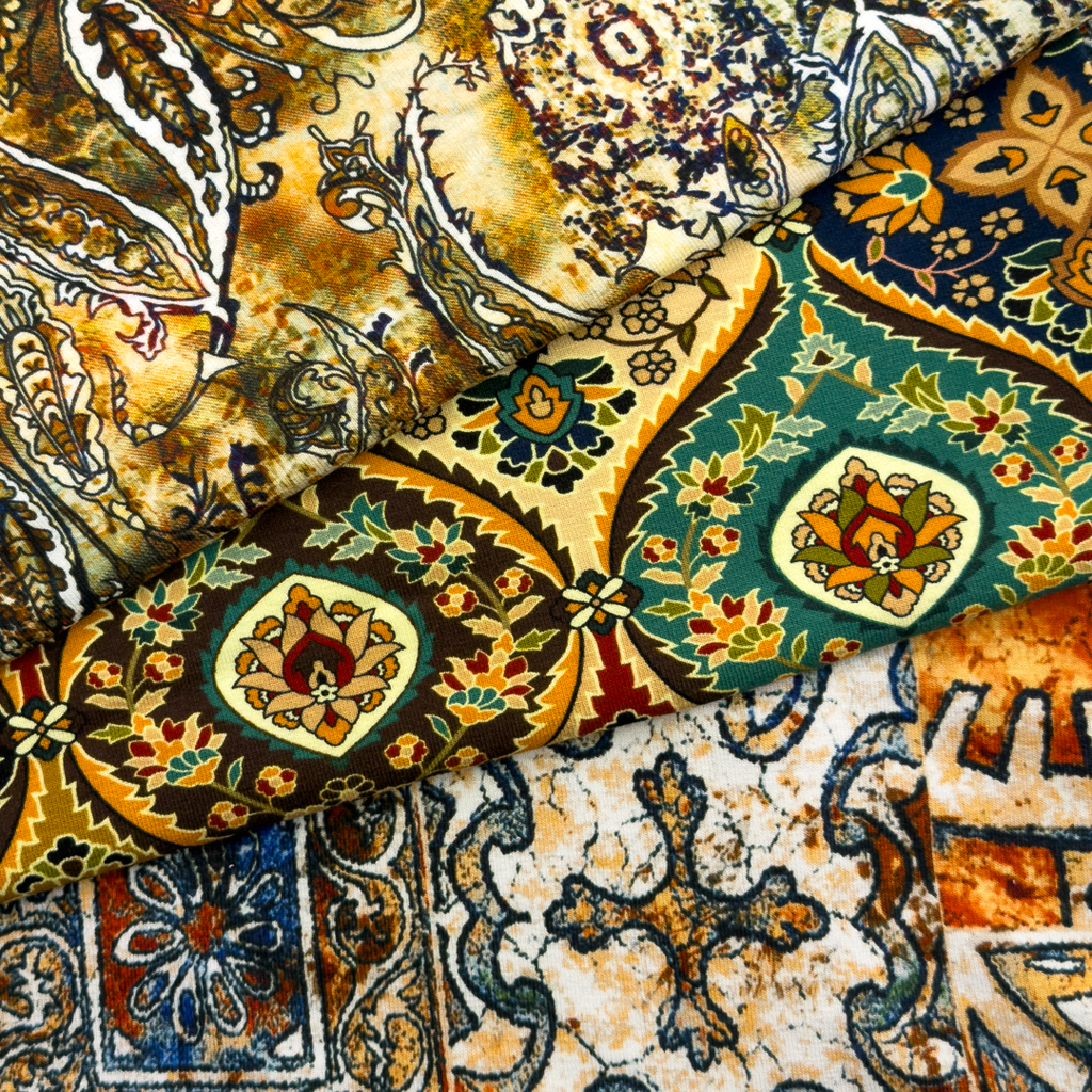 [S1957L] Viscosa Lycra Pesada Impreso Digitalmente Patrones Antiguos