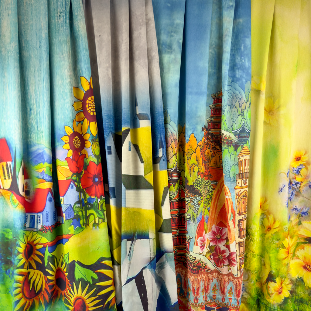 [S1982L] Rayon Poplin Digital Printed Edge Designs Houses